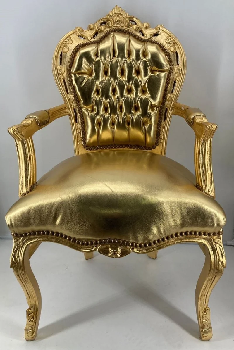 Casa Padrino Barock Esszimmerstuhl mit Armlehnen Gold / Gold - Handgefertigter Kunstleder Stuhl im Barockstil - Barock Esszimmer Möbel