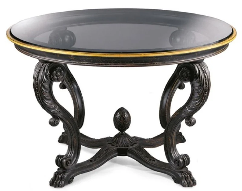 Casa Padrino Luxus Barock Esstisch Antik Schwarz / Antik Gold - Runder Barockstil Massivholz Esszimmertisch mit Glasplatte - Barock Esszimmer & Hotel Möbel - Luxus Qualität - Made in Italy