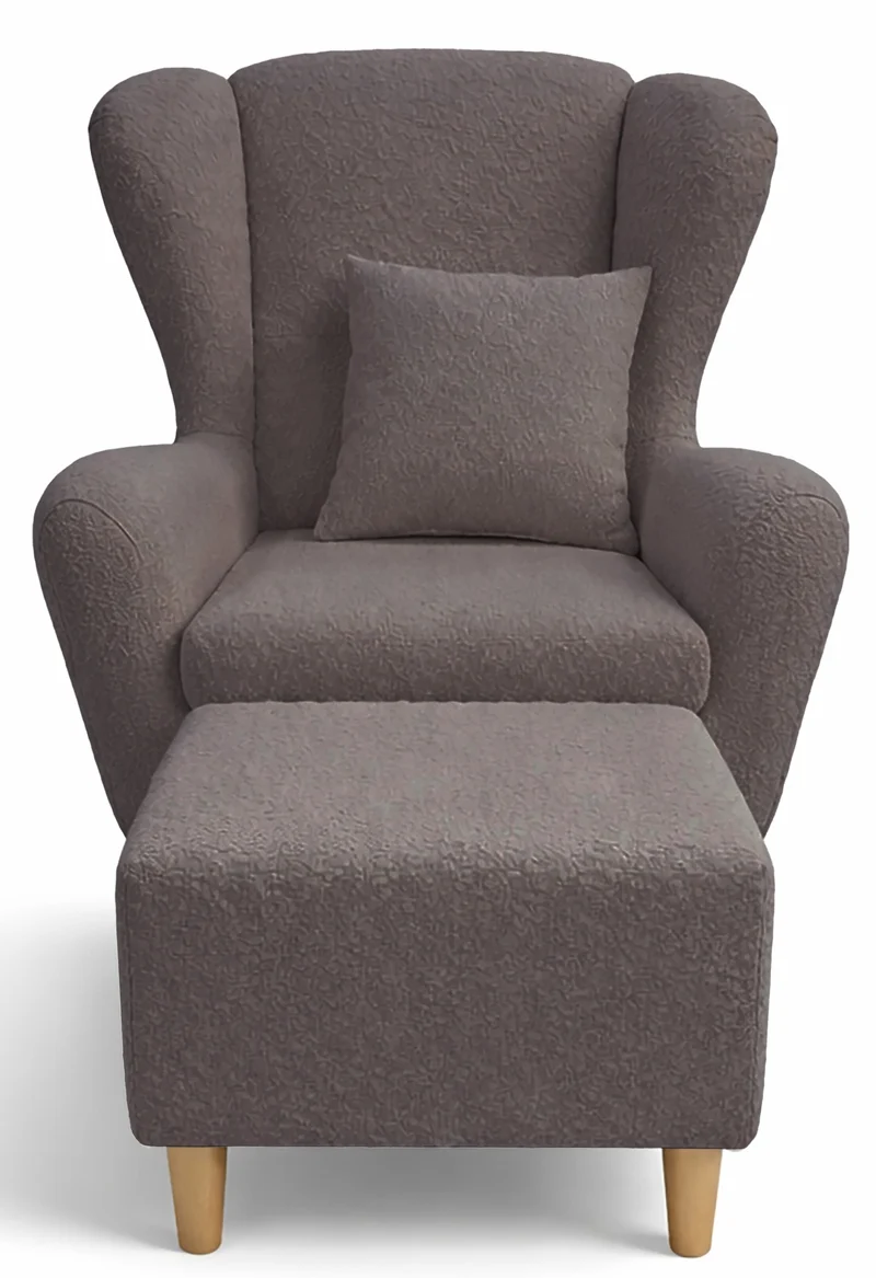 Ohrensessel Teddlo mit Fußhocker, graubrauner Chenille, Buchenholzfüße