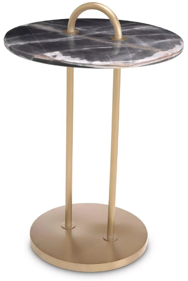Casa Padrino Luxus Beistelltisch Messing / Schwarz Ø 38,5 x H. 58 cm - Runder Tisch mit Marmorplatte und Tragegriff - Wohnzimmer Möbel - Luxus Möbel - Wohnzimmer Einrichtung - Luxus Qualität
