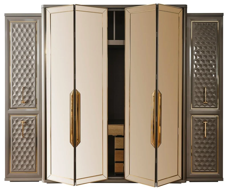 Casa Padrino Luxus Art Deco Schlafzimmerschrank Grau / Gold 280 x 60 x H. 229 cm - Verspiegelter Kleiderschrank mit 4 Türen - Schlafzimmer Möbel - Art Deco Möbel - Luxus Möbel - Luxus Einrichtung