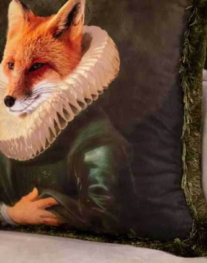 Casa Padrino Luxus Deko Kissen Sir Fuchs Grün / Mehrfarbig 45 x 45 cm - Bedrucktes Samt Kissen mit Fransen - Luxus Qualität