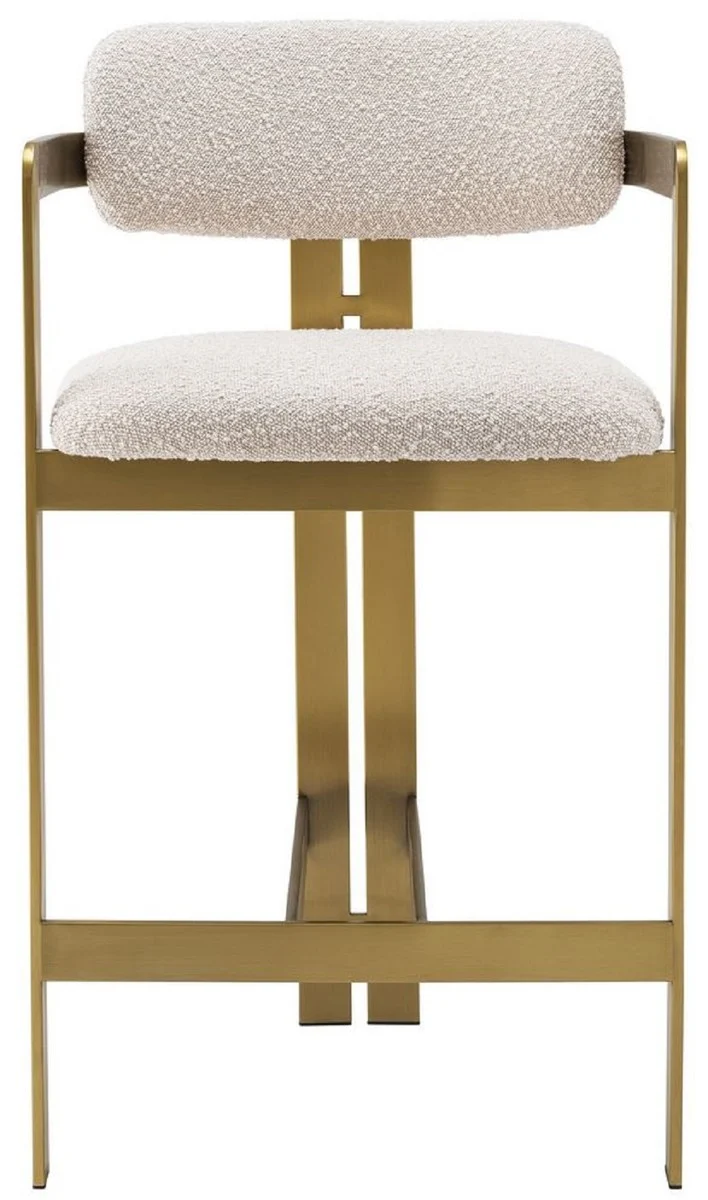 Casa Padrino Luxus Barstuhl Creme / Messing 53 x 44,5 x H. 97 cm - Gepolsterter Edelstahl Barhocker - Luxus Barmöbel