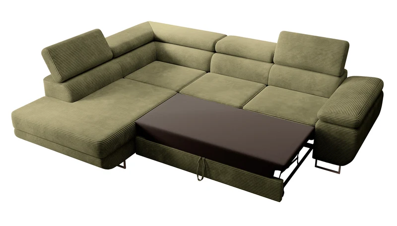 Ecksofa mit Schlaffunktion Stevil, L-förmig, mit Stauraum, olivgrüner Cordstoff, linksseitig
