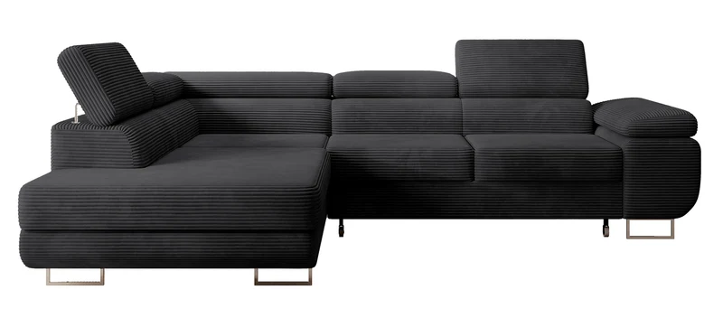 Ecksofa mit Schlafunktion Stevil, L-förmig, mit Stauraum, schwarzer Cord, linksseitig