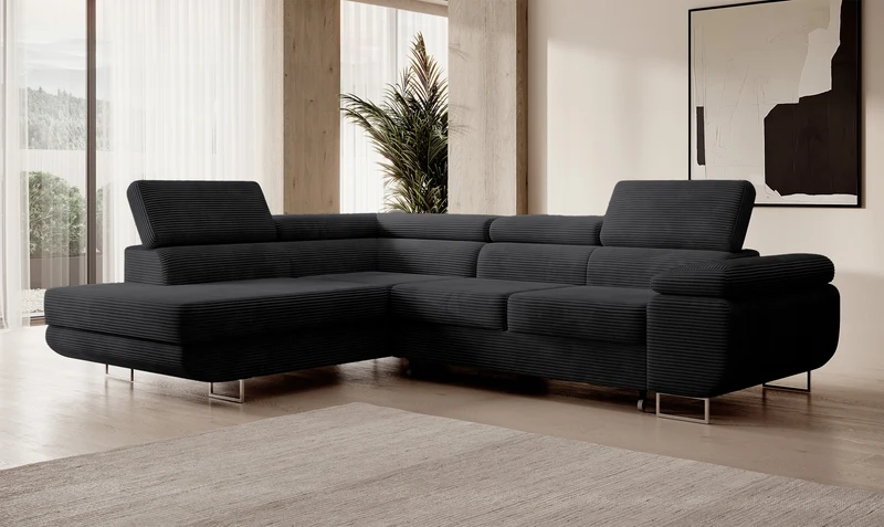 Ecksofa mit Schlafunktion Stevil, L-förmig, mit Stauraum, schwarzer Cord, linksseitig