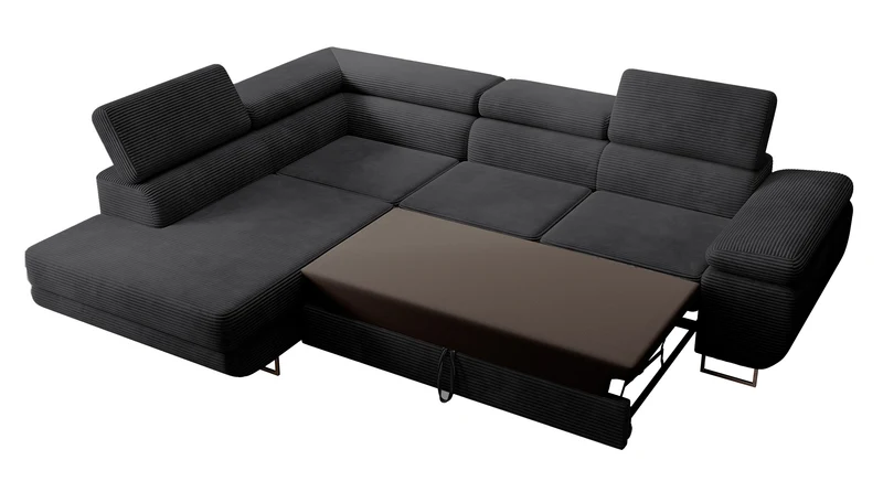 Ecksofa mit Schlafunktion Stevil, L-förmig, mit Stauraum, schwarzer Cord, linksseitig