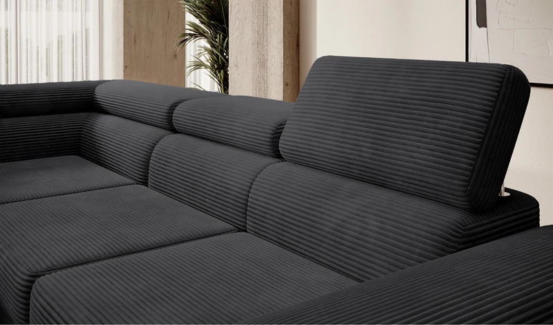 Ecksofa mit Schlafunktion Stevil, L-förmig, mit Stauraum, schwarzer Cord, linksseitig