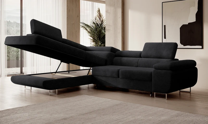 Ecksofa mit Schlafunktion Stevil, L-förmig, mit Stauraum, schwarzer Cord, linksseitig