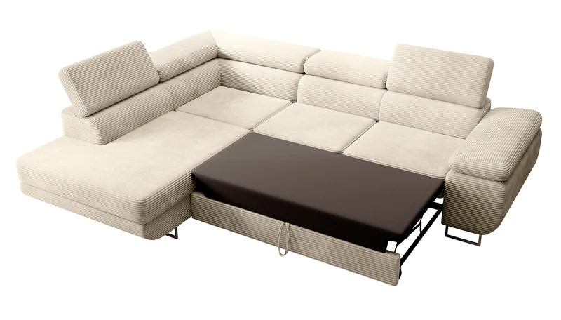 Ecksofa mit Schlaffunktion Stevil, L-förmig, mit Stauraum, hellbeiger Cordstoff, linksseitig