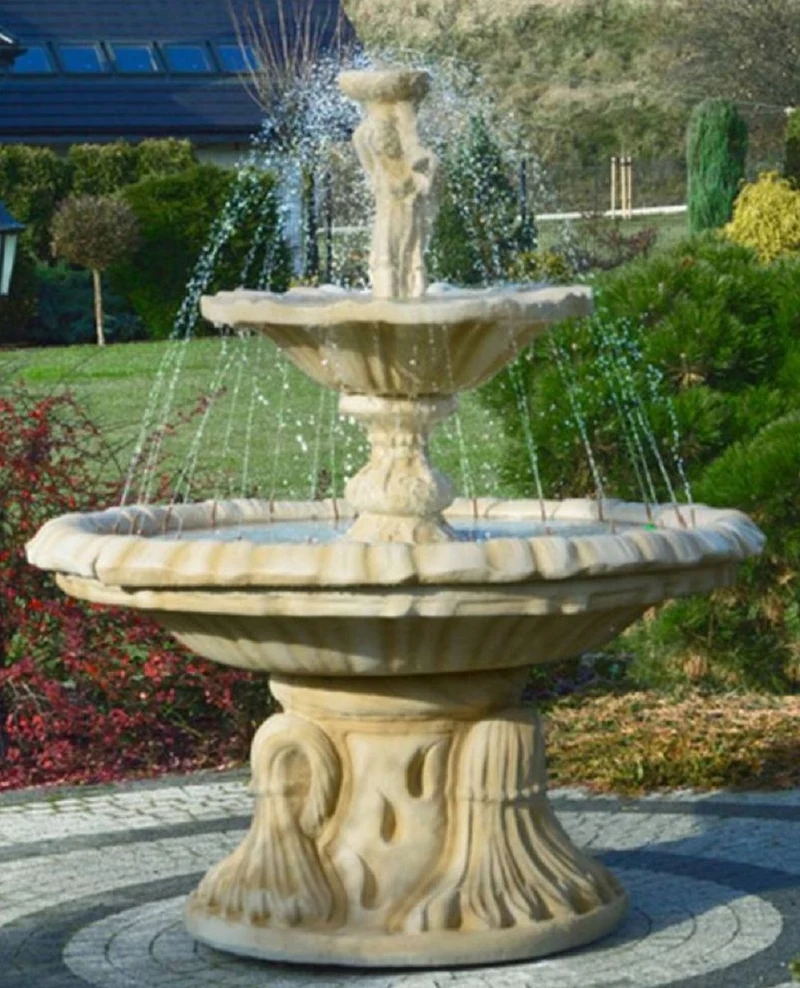 Casa Padrino Jugendstil Springbrunnen Frau mit Schüssel Sandfarben Ø 155 x H. 190 cm - Prunkvoller Gartenbrunnen - Gartendeko Brunnen - Barock & Jugendstil Garten Deko Accessoires