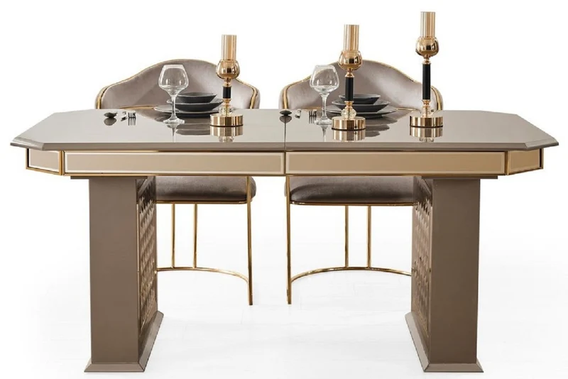 Casa Padrino Luxus Art Deco Esszimmer Set Grau / Gold - 1 Ausziehbarer Esstisch & 4 Stühle