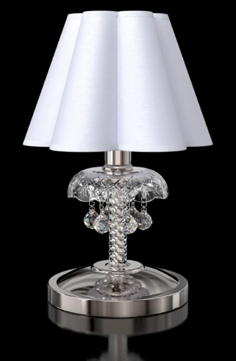 Casa Padrino Luxus Barock Kristall Tischleuchte Silber / Weiß Ø 20 x H. 30 cm - Prunkvolle Nachttischeuchte mit Böhmischem Kristallglas - Barock Kristall Leuchten - Edel & Prunkvoll