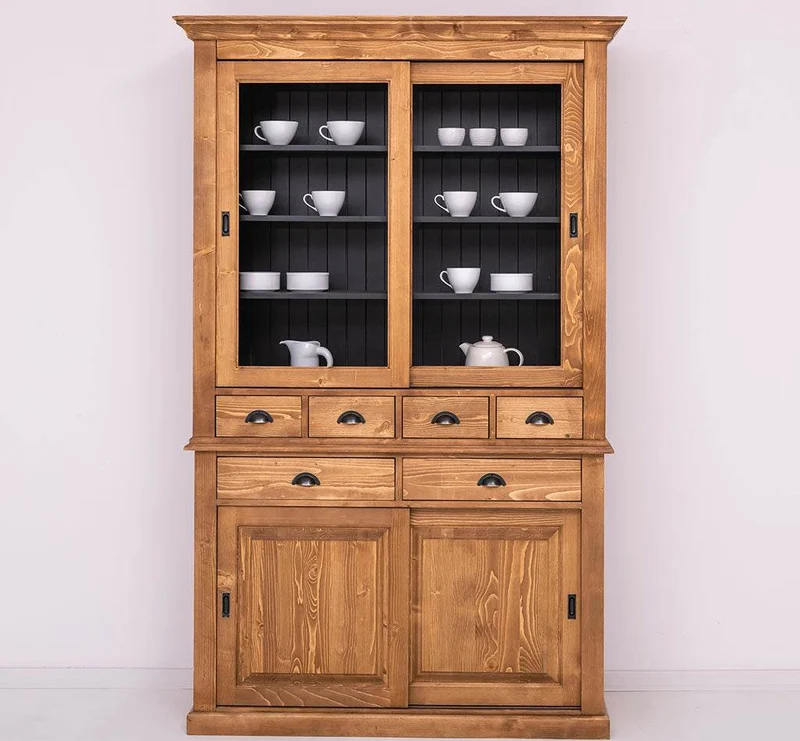 Geschirrschrank mit 4 Schiebetüren und 6 Schubladen | Vitrine aus Massivholz