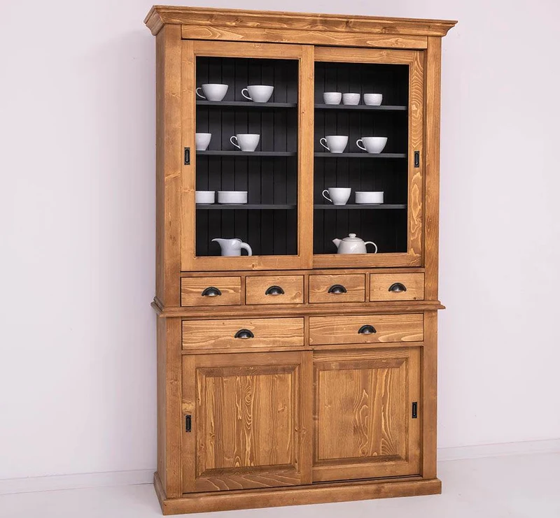Geschirrschrank mit 4 Schiebetüren und 6 Schubladen | Vitrine aus Massivholz