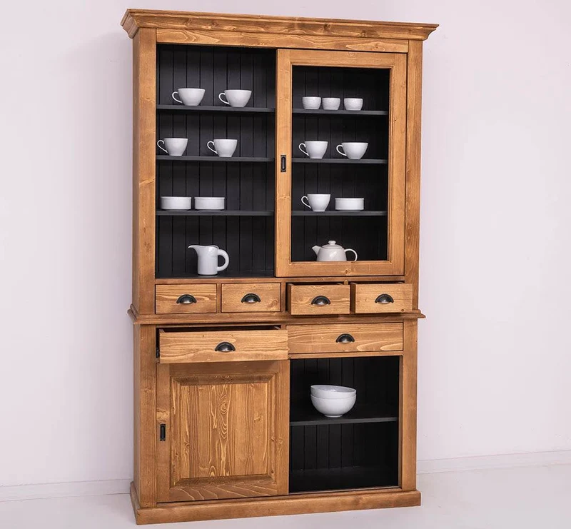 Geschirrschrank mit 4 Schiebetüren und 6 Schubladen | Vitrine aus Massivholz