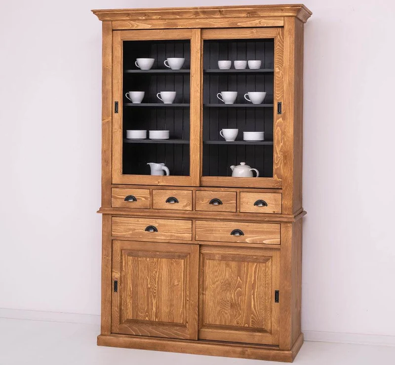 Geschirrschrank mit 4 Schiebetüren und 6 Schubladen | Vitrine aus Massivholz