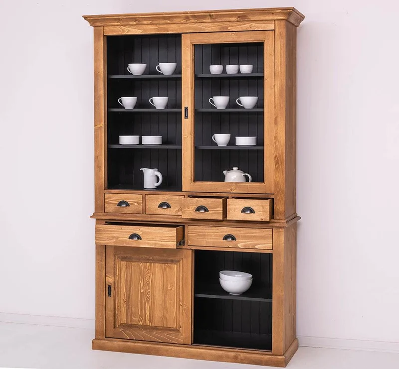Geschirrschrank mit 4 Schiebetüren und 6 Schubladen | Vitrine aus Massivholz