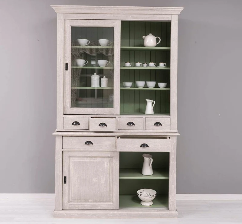 Geschirrschrank mit 4 Schiebetüren und 6 Schubladen | Vitrine aus Massivholz