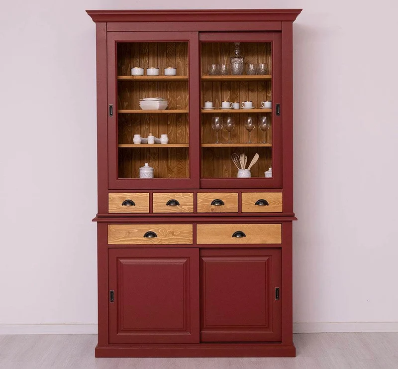 Geschirrschrank mit 4 Schiebetüren und 6 Schubladen | Vitrine aus Massivholz