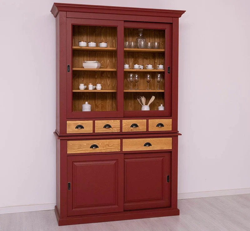 Geschirrschrank mit 4 Schiebetüren und 6 Schubladen | Vitrine aus Massivholz