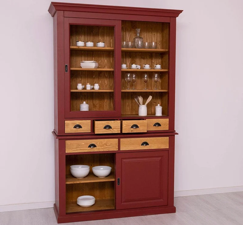Geschirrschrank mit 4 Schiebetüren und 6 Schubladen | Vitrine aus Massivholz