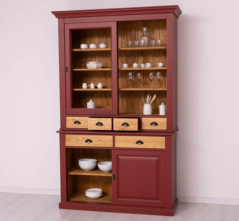 Geschirrschrank mit 4 Schiebetüren und 6 Schubladen | Vitrine aus Massivholz