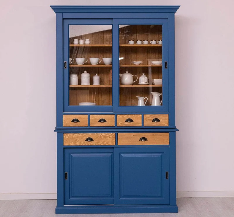 Geschirrschrank mit 4 Schiebetüren und 6 Schubladen | Vitrine aus Massivholz