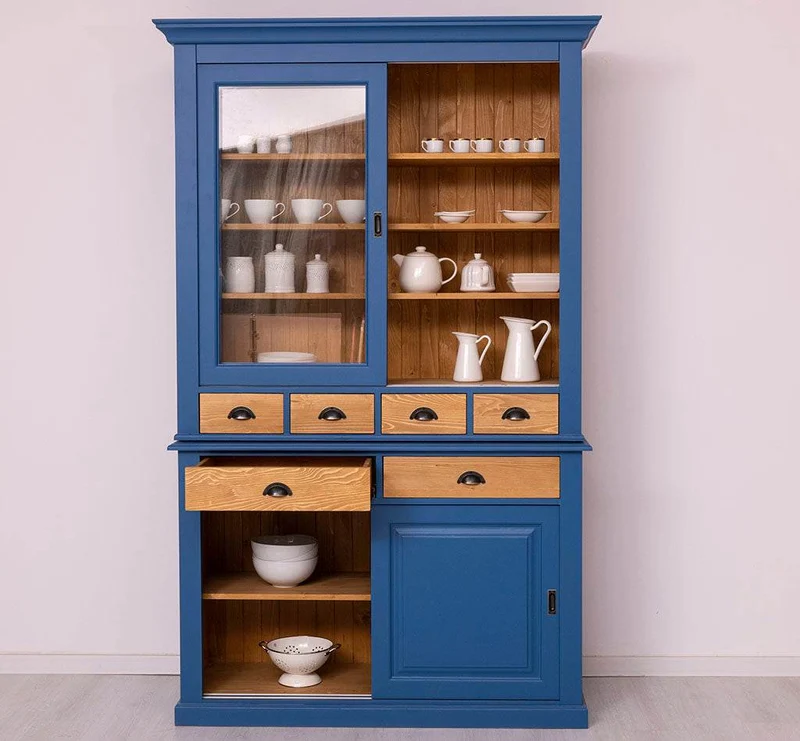 Geschirrschrank mit 4 Schiebetüren und 6 Schubladen | Vitrine aus Massivholz