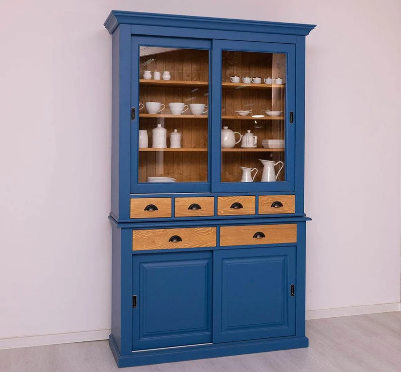 Geschirrschrank mit 4 Schiebetüren und 6 Schubladen | Vitrine aus Massivholz