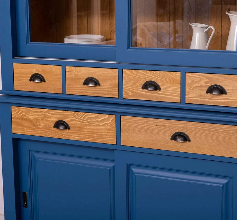 Geschirrschrank mit 4 Schiebetüren und 6 Schubladen | Vitrine aus Massivholz