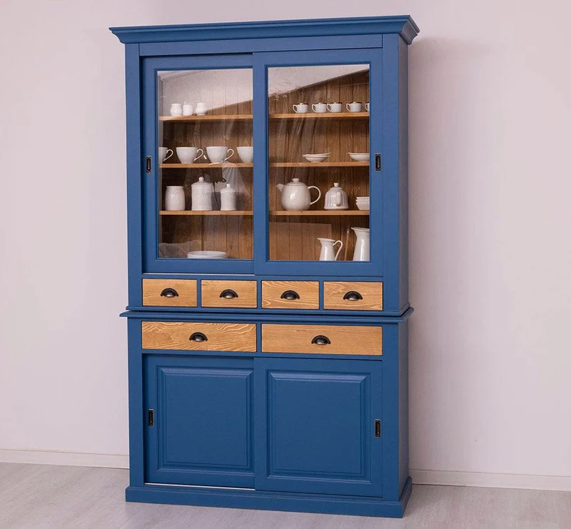 Geschirrschrank mit 4 Schiebetüren und 6 Schubladen | Vitrine aus Massivholz