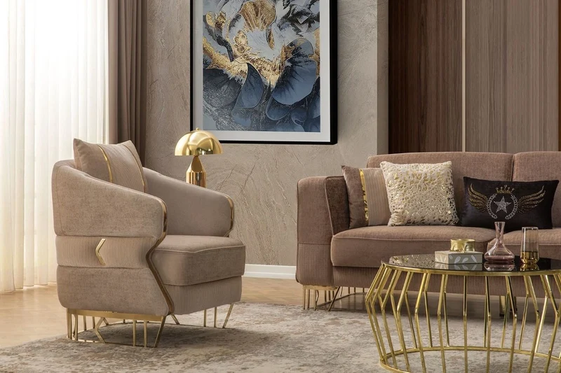 Casa Padrino Luxus Sessel Hellbraun / Gold 87 x 83 x H. 75 cm - Wohnzimmer Sessel - Hotel Sessel - Wohnzimmer Möbel - Hotel Möbel - Luxus Möbel - Wohnzimmer Einrichtung - Luxus Einrichtung