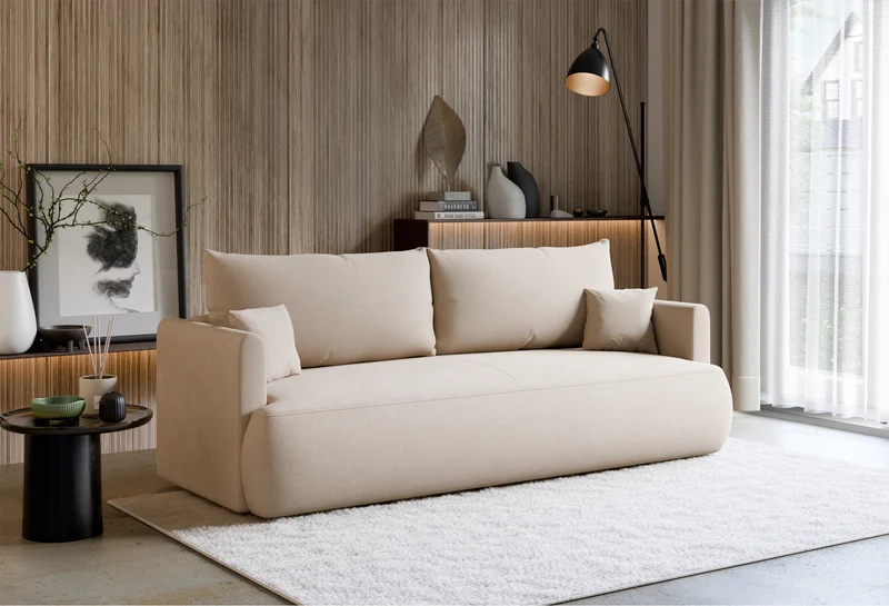 Dreisitziges ausklappbares Sofa Ovo Mini mit Stauraum, cremefarbener Chenille-Stoff, pflegeleicht