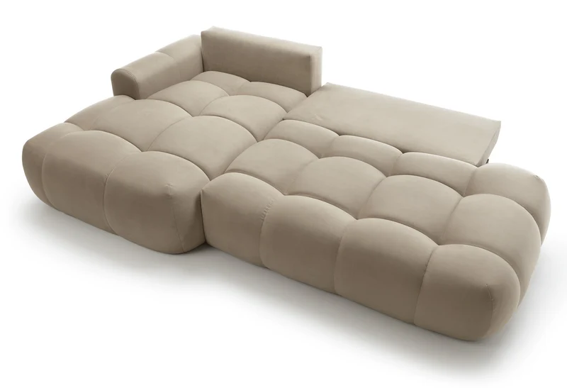 Ecksofa mit Schlaffunktion Ombo, L-förmig, mit Stauraum, beige, hydrophobes Samtmaterial, linksseitig