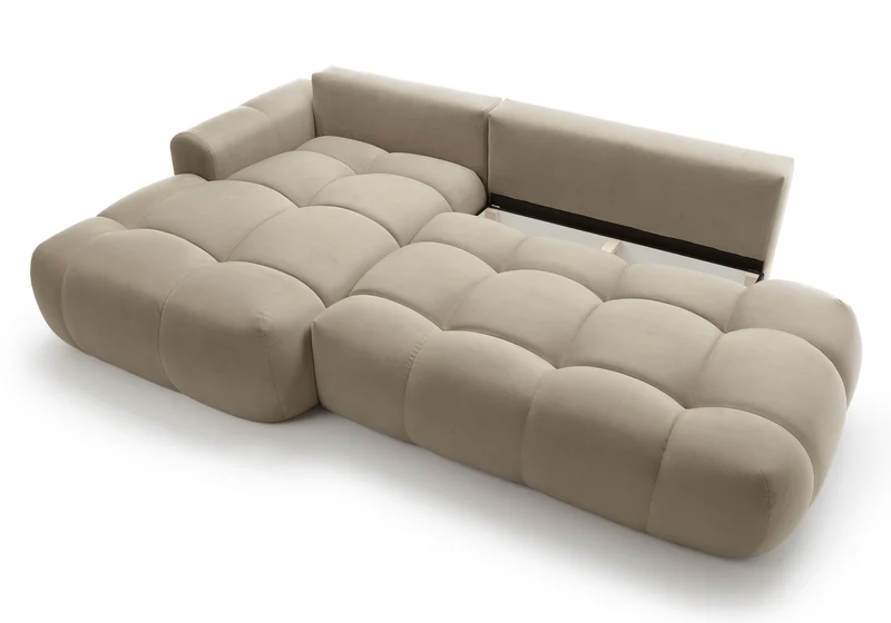 Ecksofa mit Schlaffunktion Ombo, L-förmig, mit Stauraum, beige, hydrophobes Samtmaterial, linksseitig