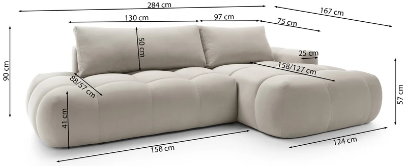Ecksofa mit Schlaffunktion Ombo, L-förmig, mit Stauraum, beige, hydrophober Samt, rechtsseitig