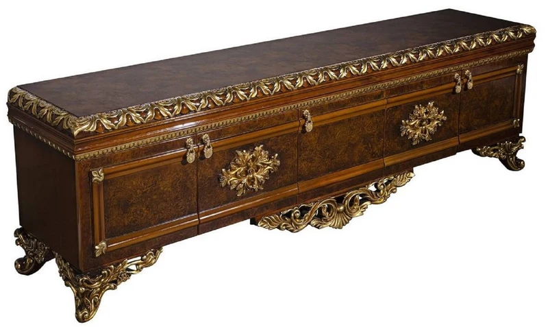 Casa Padrino Luxus Barock TV Schrank Braun / Gold - Prunkvolles Wohnzimmer Sideboard mit 5 Türen - Barock Wohnzimmer Möbel