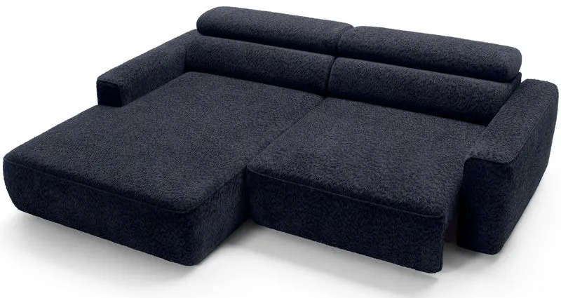 Ecksofa Fando mit elektrisch ausziehbarem Sitz, L-förmig, linksseitig, marineblauer Chenille-Stoff