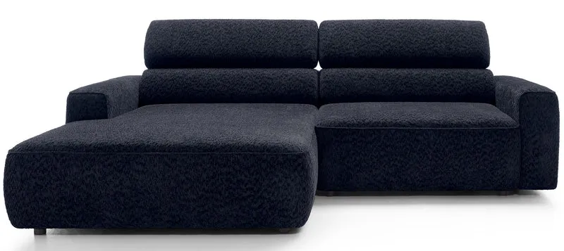 Ecksofa Fando mit elektrisch ausziehbarem Sitz, L-förmig, linksseitig, marineblauer Chenille-Stoff