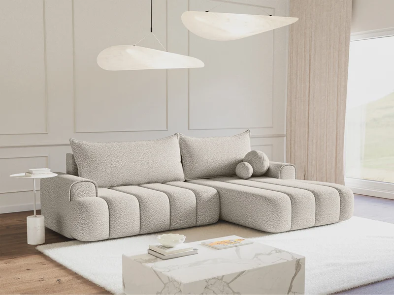 Ecksofa mit Schlaffunktion Dandelino, L-Form, rechtsseitig, mit Stauraum, cremefarbenes Bouclé