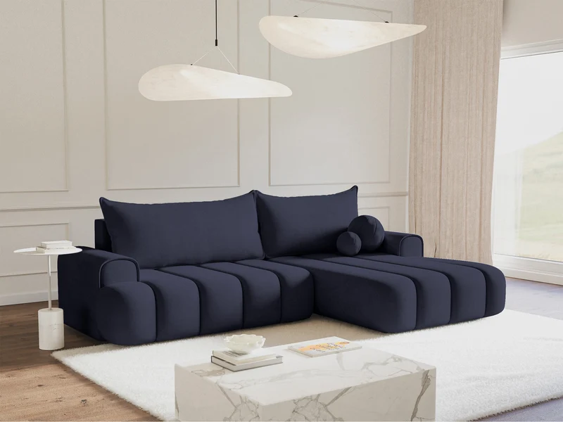 Ecksofa mit Schlaffunktion Dandelino, L-förmig, rechtsseitig, mit Stauraum, marineblauer Samt