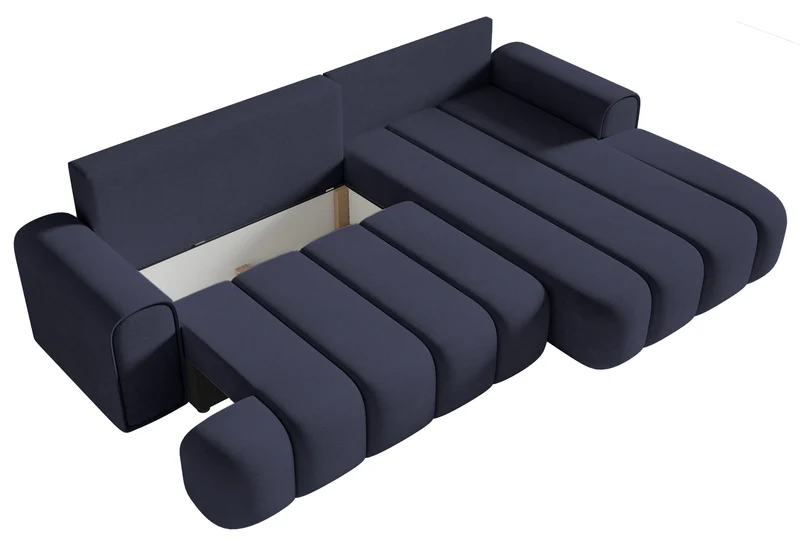 Ecksofa mit Schlaffunktion Dandelino, L-förmig, rechtsseitig, mit Stauraum, marineblauer Samt