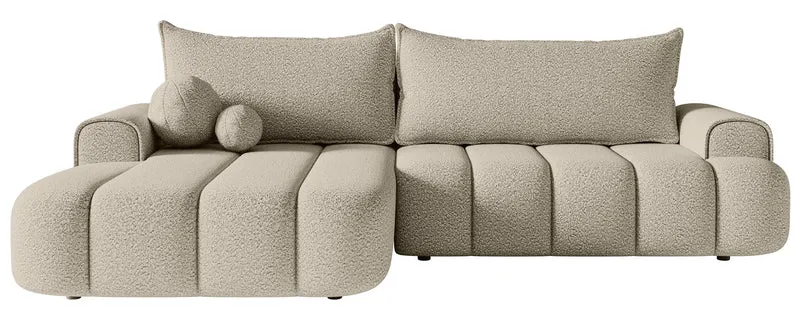 Ecksofa mit Schlaffunktion Dandelino, L-förmig, linksseitig, mit Stauraum, hellbeige Bouclé