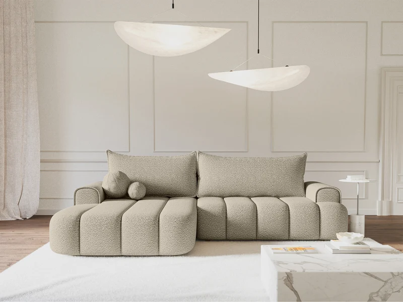 Ecksofa mit Schlaffunktion Dandelino, L-förmig, linksseitig, mit Stauraum, hellbeige Bouclé