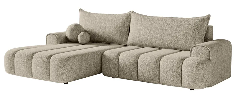 Ecksofa mit Schlaffunktion Dandelino, L-förmig, linksseitig, mit Stauraum, hellbeige Bouclé