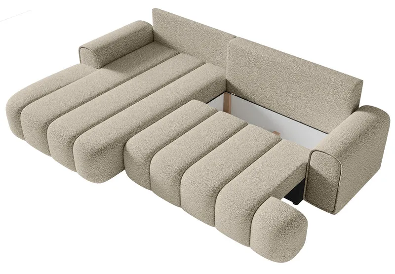 Ecksofa mit Schlaffunktion Dandelino, L-förmig, linksseitig, mit Stauraum, hellbeige Bouclé