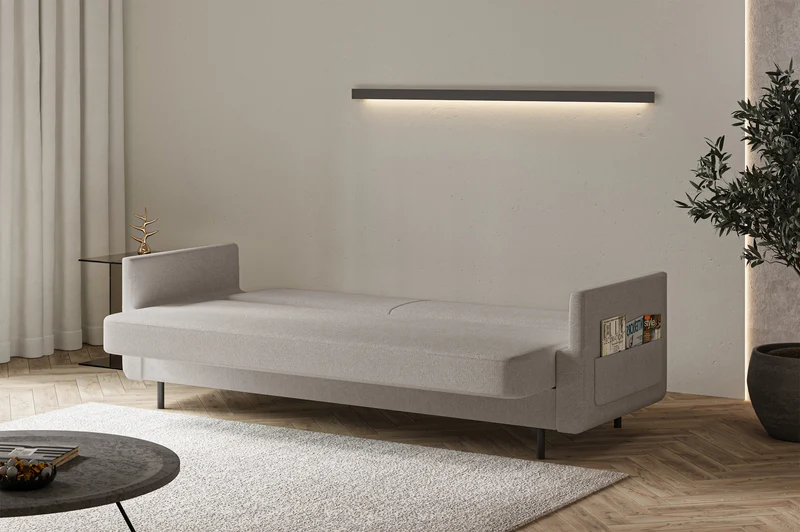Dreisitziges ausklappbares Sofa Ovelio in grau-beige, hydrophober Chenille-Stoff