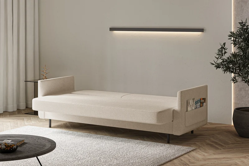 Dreisitziges ausklappbares Sofa Ovelio in hellbeige, hydrophobes Chenille-Gewebe