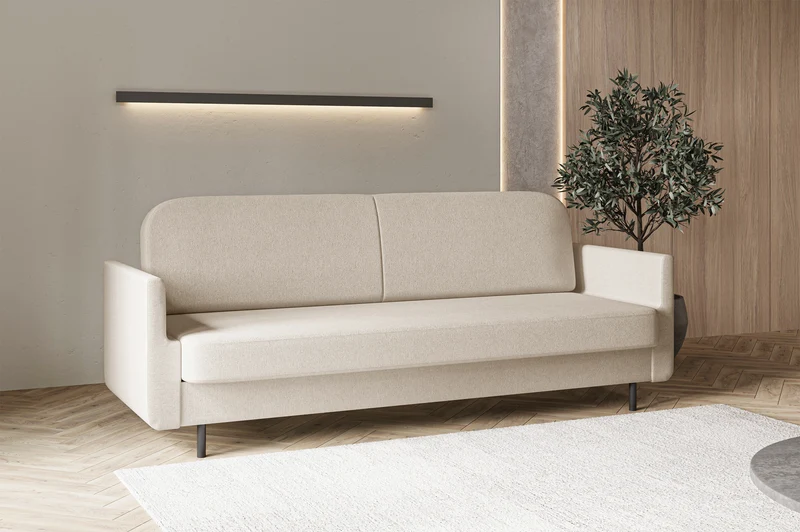 Dreisitziges ausklappbares Sofa Ovelio in hellbeige, hydrophobes Chenille-Gewebe